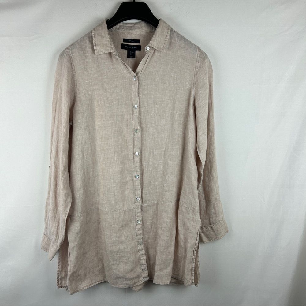 Tahari dust pink 100% Linen Button-Down Tunic Top size M lagen look